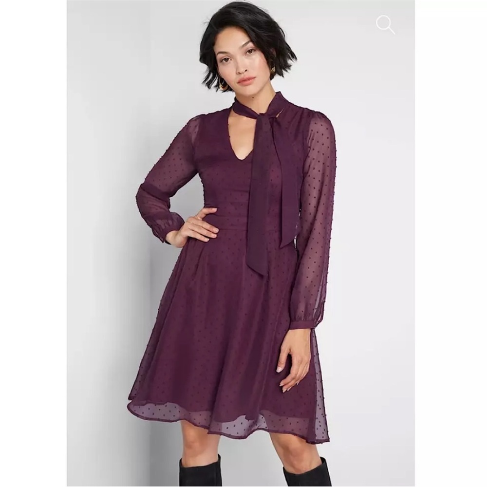 ModCloth Apogee of Elegance Chiffon Tie Neck Dress Size 10 Dark Romantic Plum